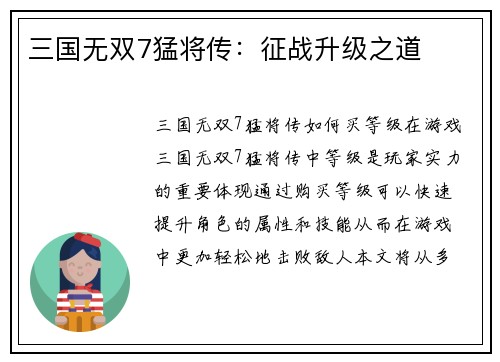 三国无双7猛将传：征战升级之道